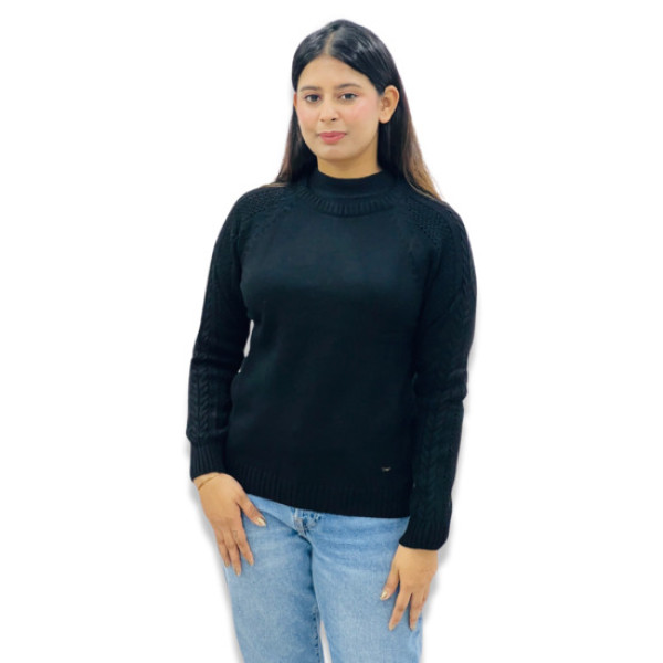 ParkAvenue Women Winter Wear | CREW NECK SWEATER WITH FRONT AND SLEEVES RIBBING BLACK COLOUR Product Id- PWWZ00730-K8