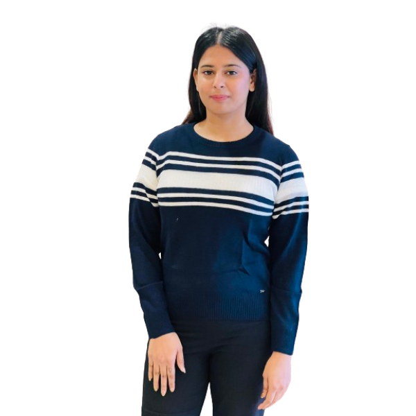 Women Striped Crew Neck Dark Blue, White Sweater Product ID - PWWZ00722-B8